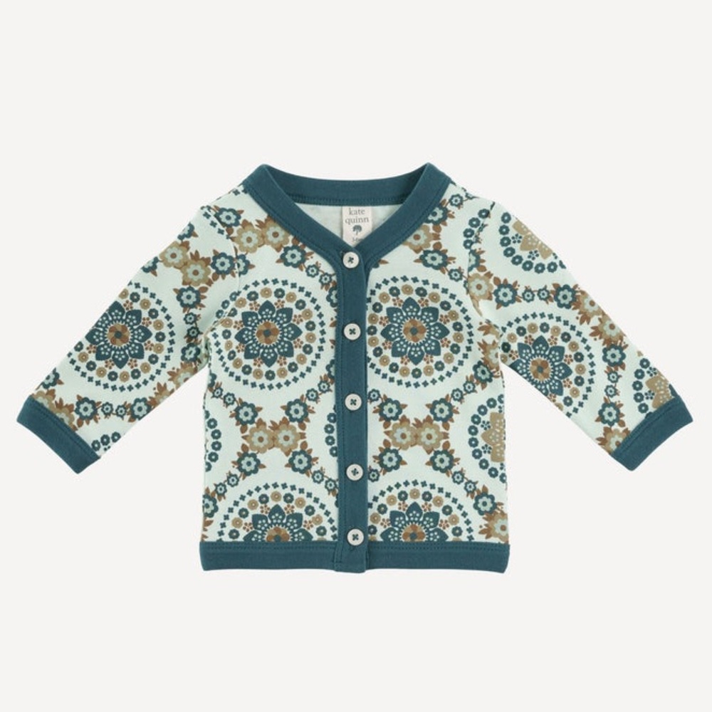 Kate Quinn LS classic v-neck cardigan 70s blue floral wallpaper organic cotton